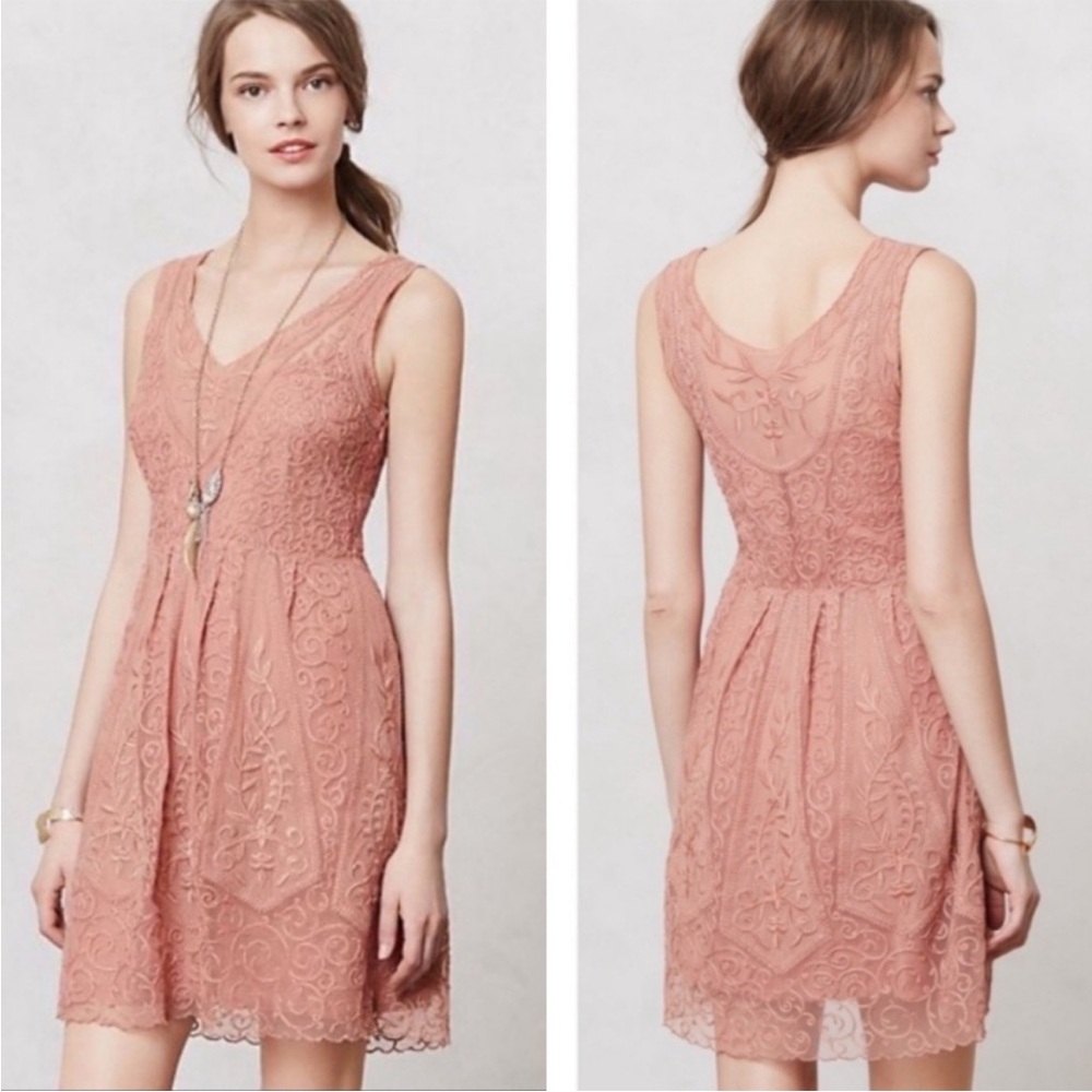 Anthropologie At Dusk Dress by Yoana Baraschi 
Lace Mini Dress Rust Rose Sz 4